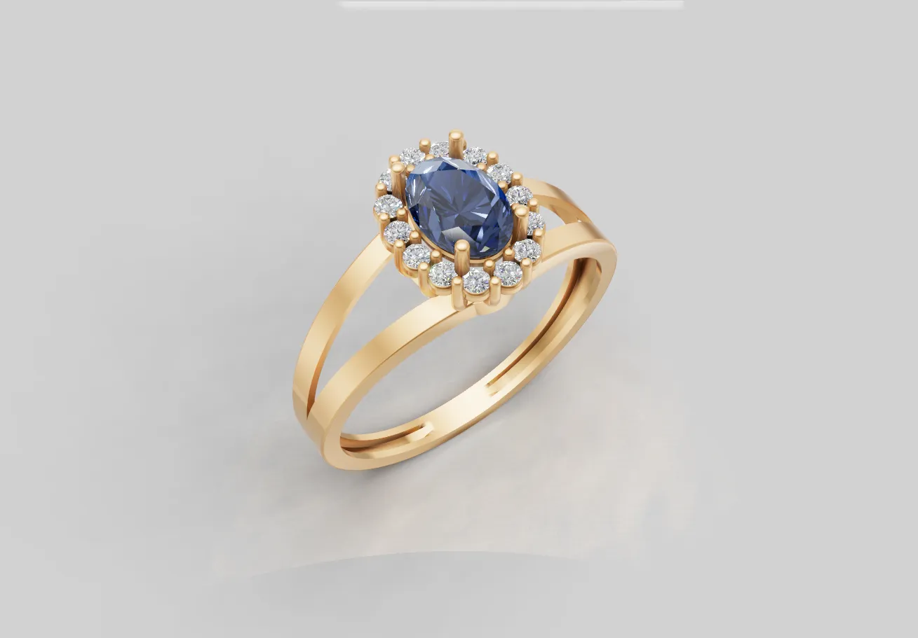 Anel com Pedra Oval 5x7 mm e Diamantes | Aro Duplo Elegante