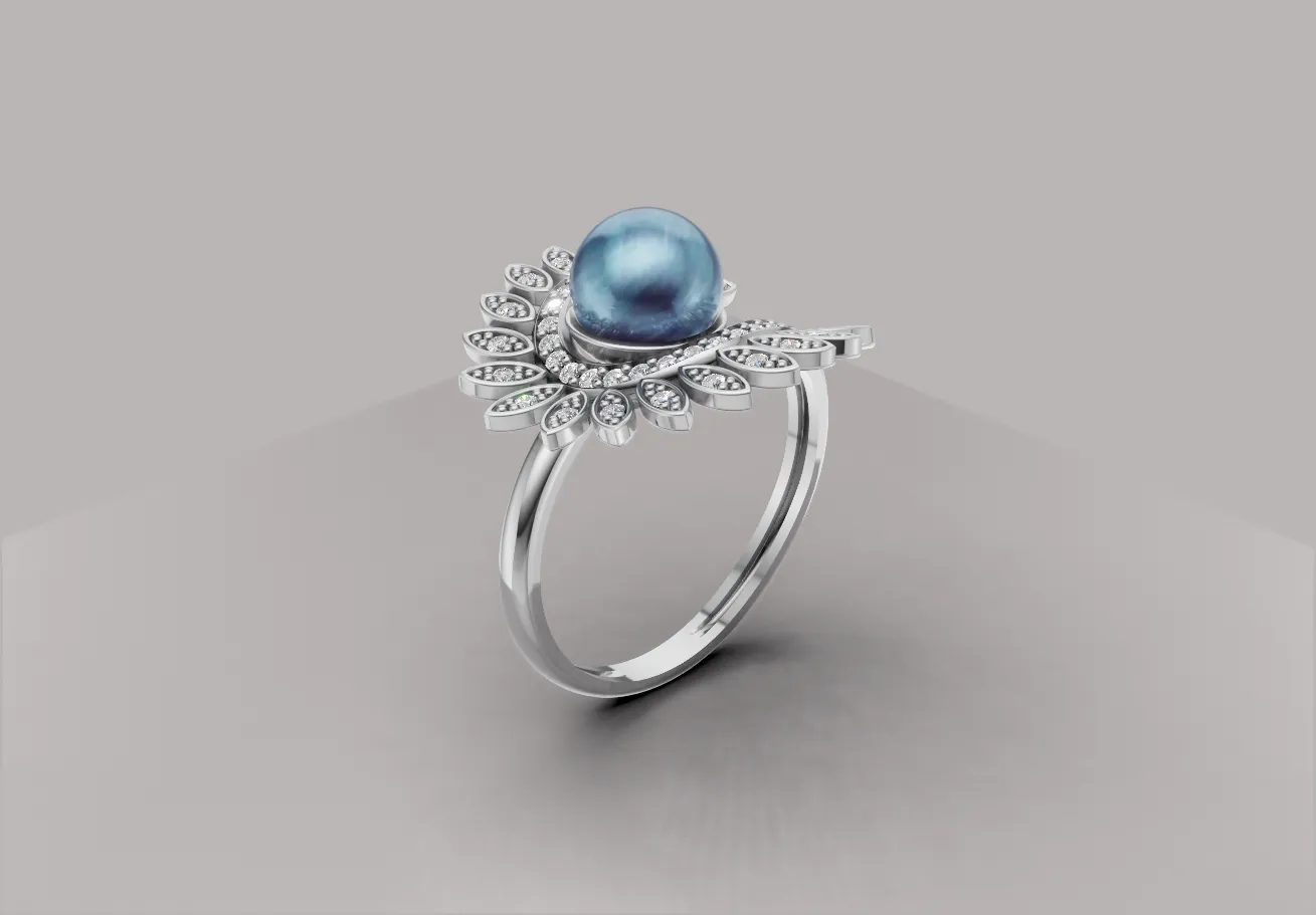 Anel Floral com Pérola de 8 mm e Diamantes 1,25 mm