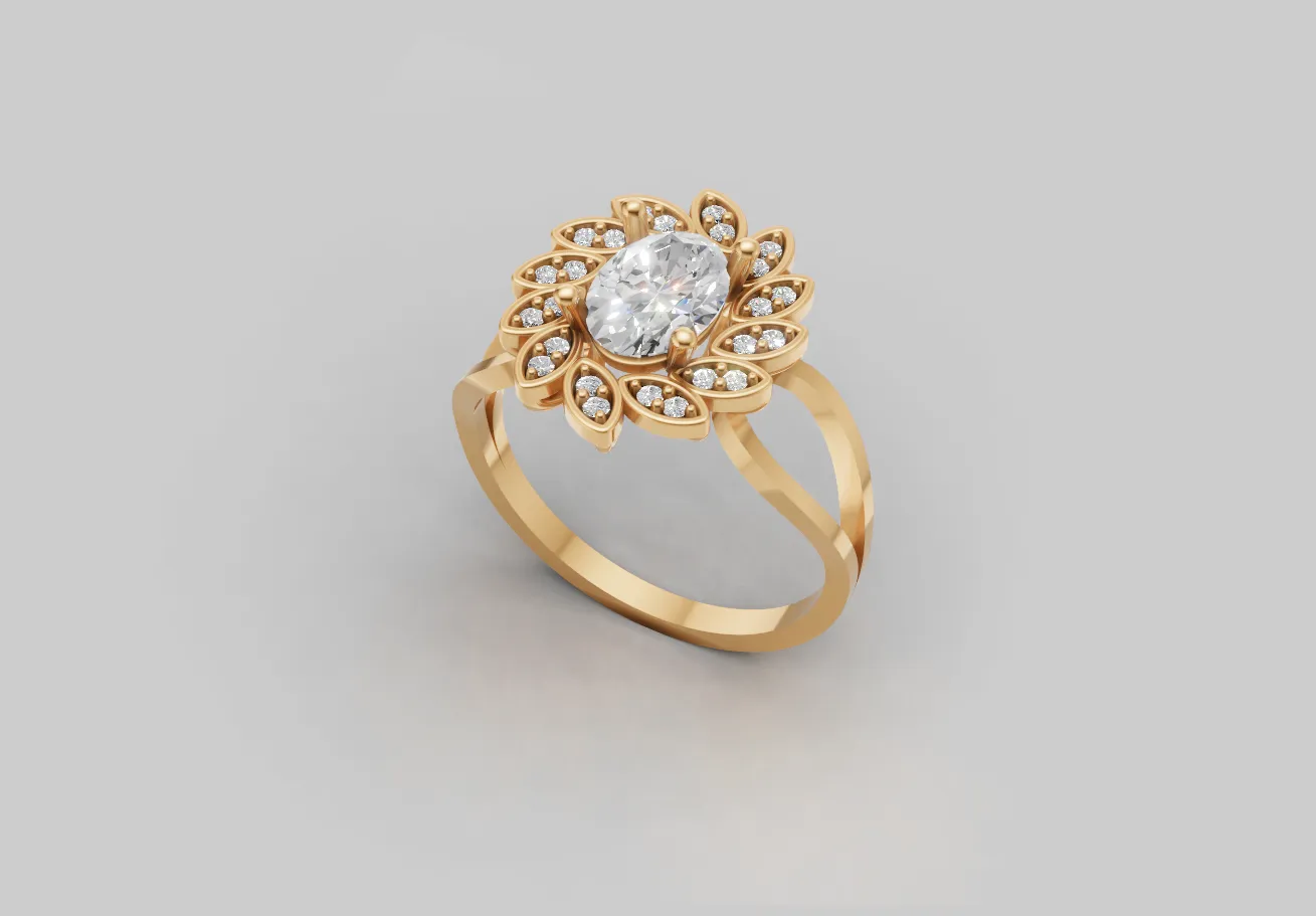 Anel Flor com Pedra Oval Central